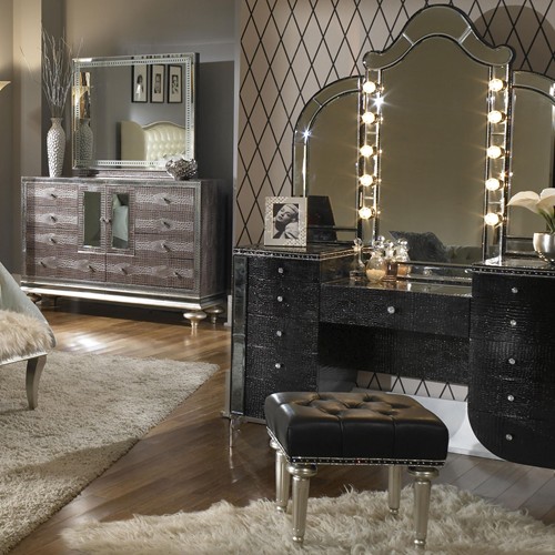 14. Swanky vanities for bedroom with mirror and bench