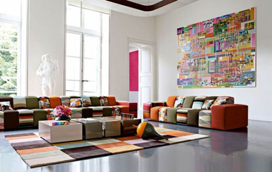 Multicoloured living room seating arrangements