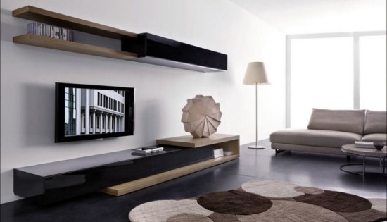 Wall Mount TV Design with Wood Clad Floating Shelf