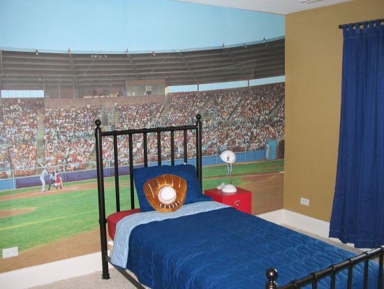 bedroom with baseball themed wall decor