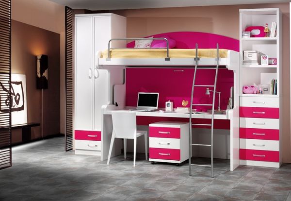 child's bed with desk underneath