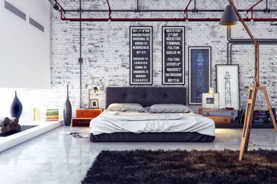 Contemporary bedroom design with exposed brick concrete wall Concrete Walls